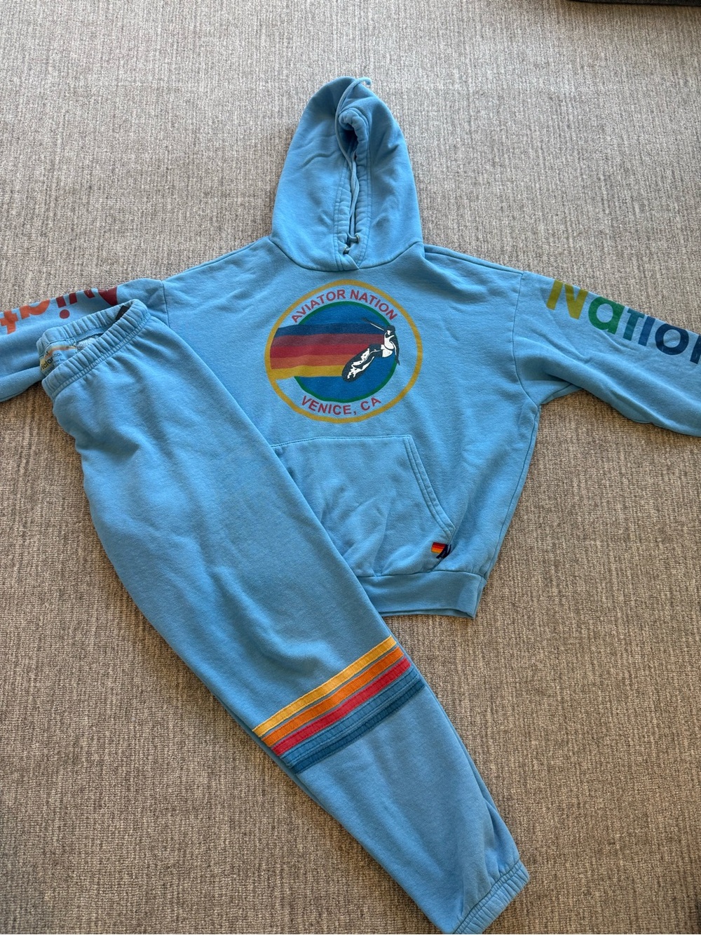 Aviator Nation Venice CA Surfer Logo Hoodie + Stripe Sweatpants Set Blue